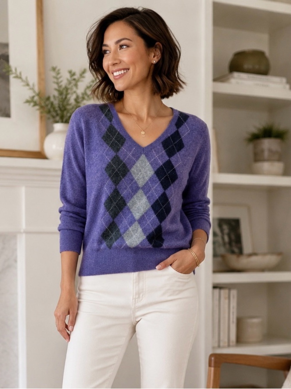 Purple Argyle 100% Cashmere V Neck Sweater VGC Small 4-6